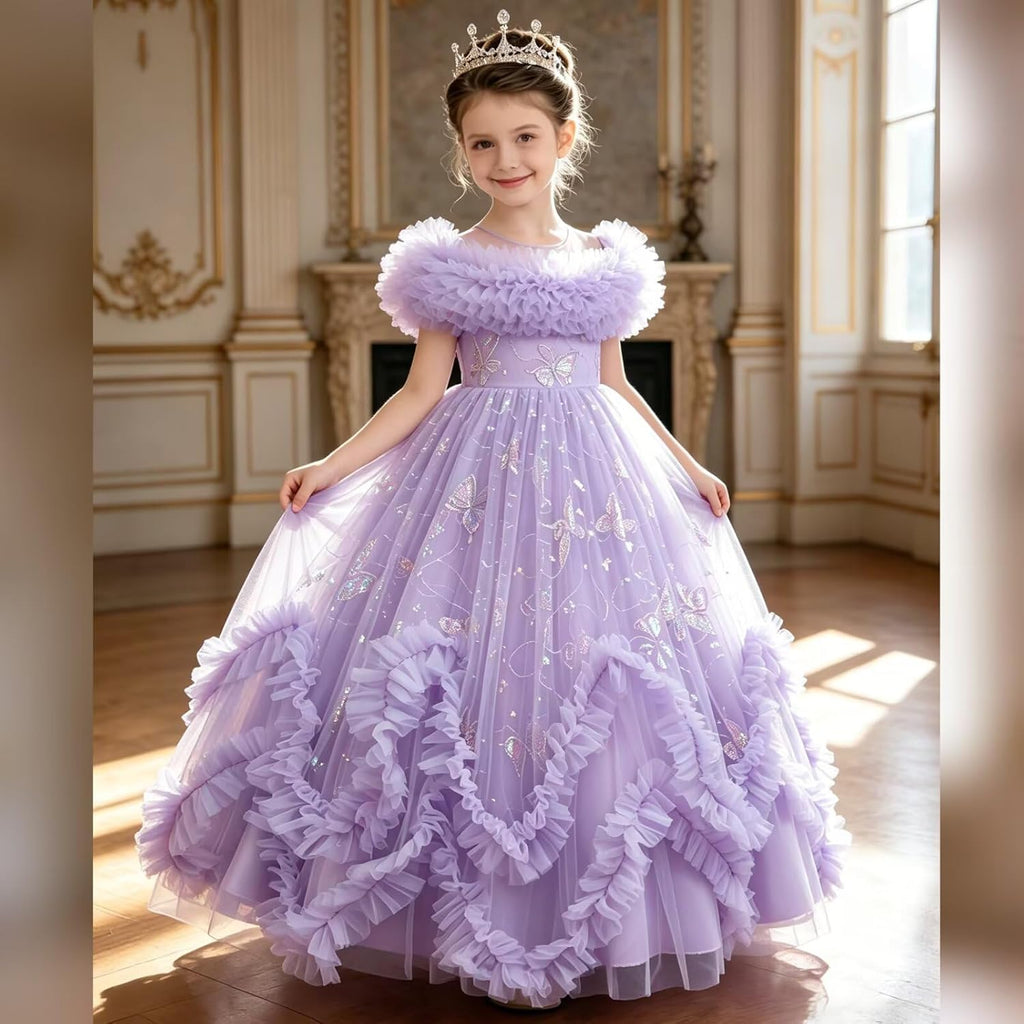Flower Girl Dress Ruffle Butterfly Embroidery Princess Dress Tiered Tulle Wedding Party Birthday Ball Gown