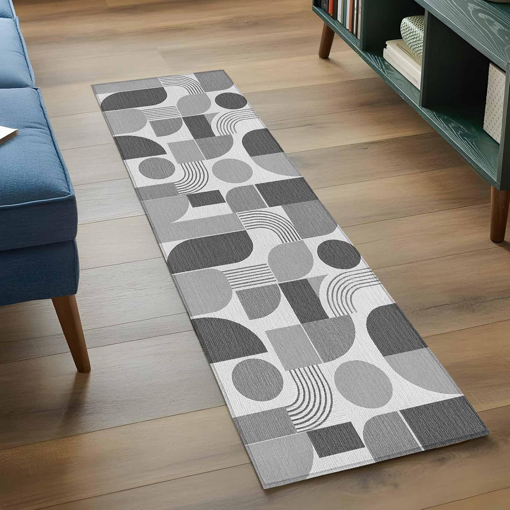 Grey Grid Blocks Runner Rug Non Slip 2x6 Boho Modern Abstract Art Geometric Minimalist Arch Lines Washable Rug Runner