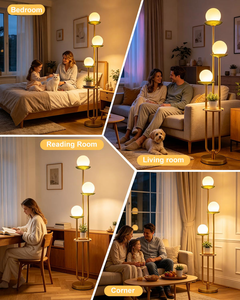 Floor Lamp Dimmable with Green Glass Tray Gold Floor Lamp