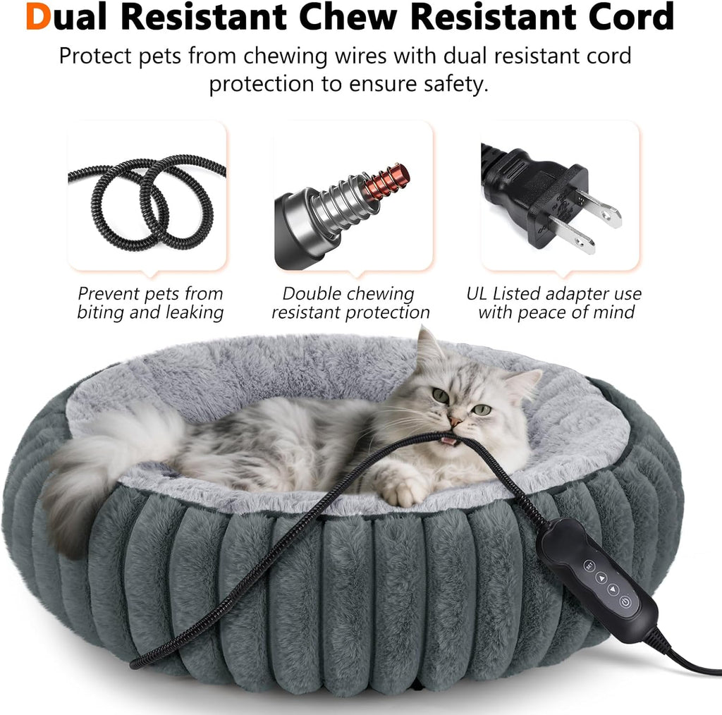 Heated Cat Beds for Indoor Cats and Small Dogs, Cozy Donut Heated Pet Bed with Timer & Temp Adjustable, Removable