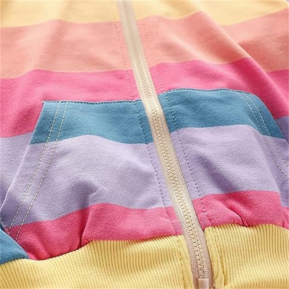 Toddler Girl Zip up Hoodie Jacket Rainbow Sweatshirt Long Sleeve Cotton Striped Hooded Coat Fall Outfits Kids Winter