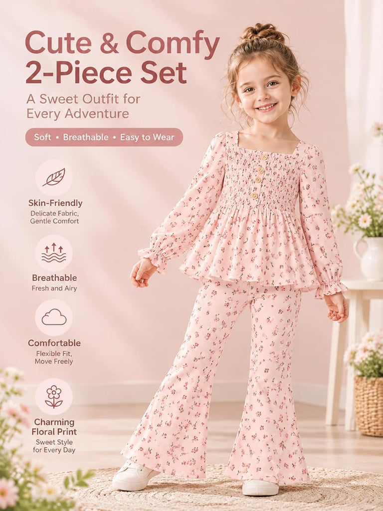 Toddler Girl Outfits Smocked Peplum Top with Kick Flare Pants