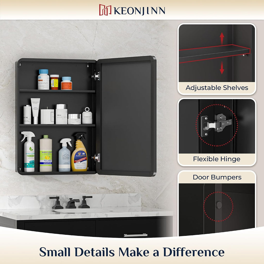 20"x32" Recessed Medicine Cabinet with Mirror, Black Framed | Stepless Adjustable Shelves, Surface Mount/in Wall