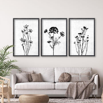 Flower Plant Wall Art Decor 16"x11" Set of 3 Black And White