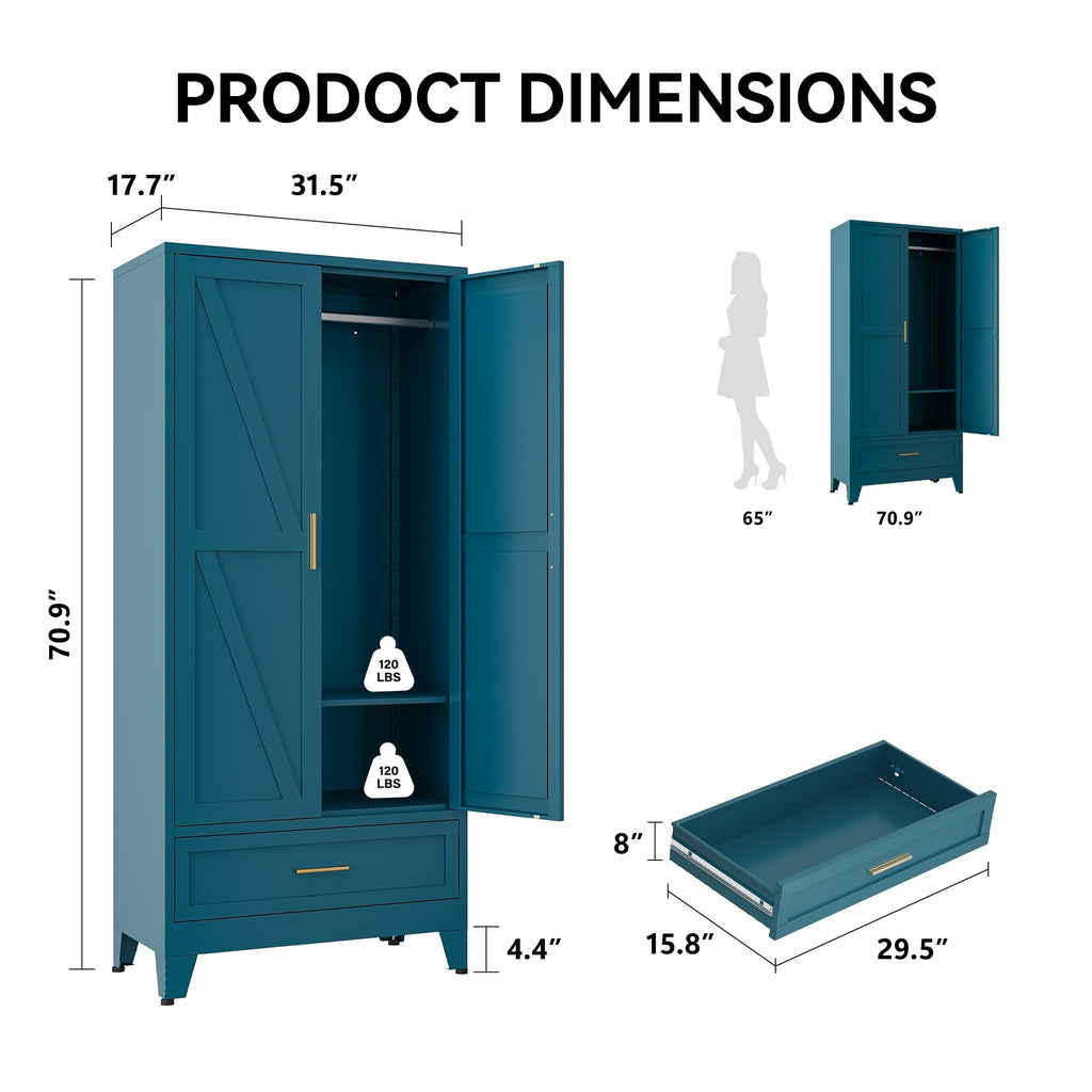 Metal Wardrobe Closet, 71" Armoire Cabinet with Drawer & Hanging Rod, Freestanding 2-Door Clothing Storage with