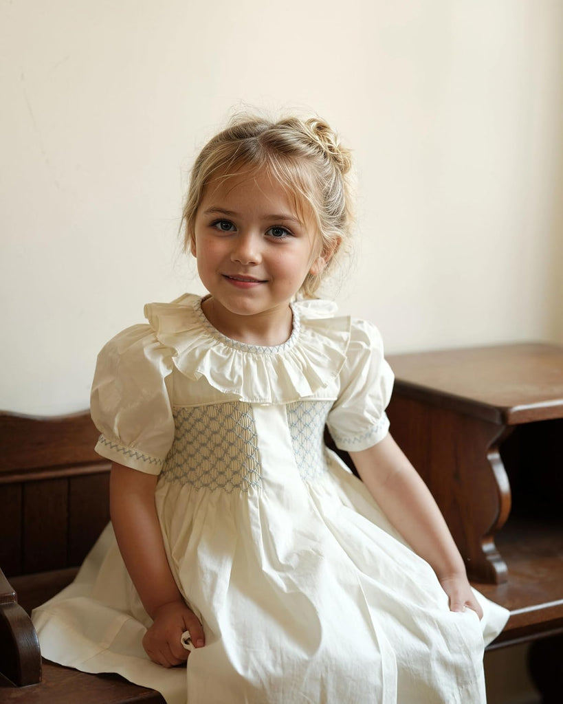 Toddler Girls Smocked Dress with Puff Sleeve Vintage Cotton Dress