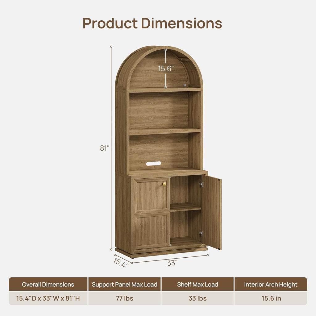 81" Tall Arched Bookcase with Doors, Large Bookshelves with Storage
