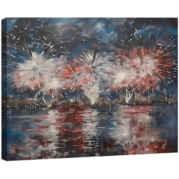 Patriotic 4th of July Fireworks Framed Canvas Wall, Red White Blue City Night Skyline Painting, Independence Day