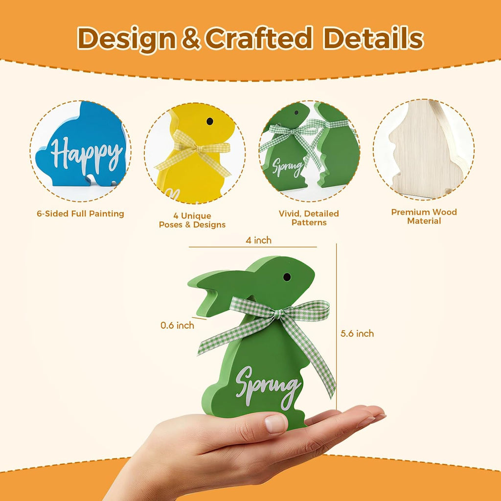 Easter Decor, Bunny Spring Easter Decorations Table, 5~6.4 Inches Wood Rabbit Easter Decorations Sign - Set of 4