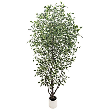 Artificial Ficus Tree, 8ft Tall, Variegated Green and White Foliage, Zero Maintenance Indoor Decorative Plant with