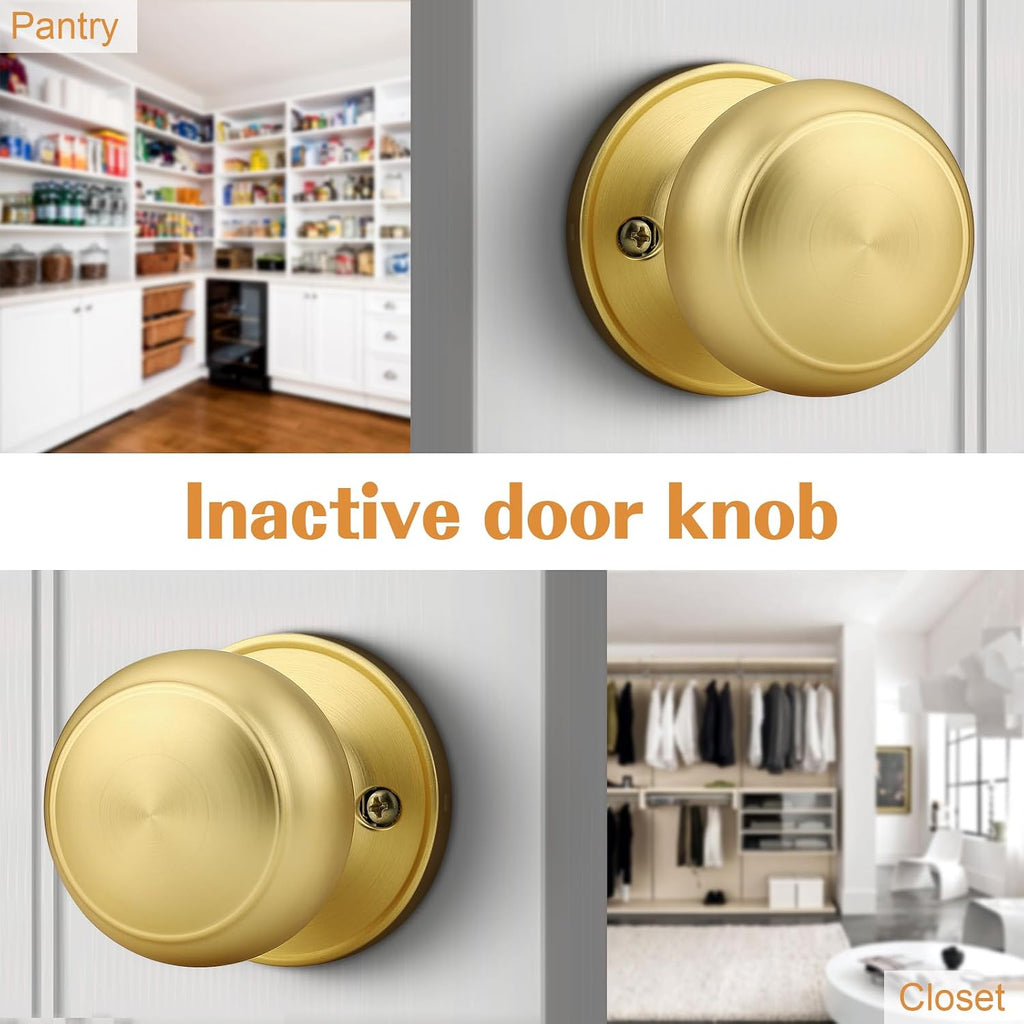 Gold Door Knob One Side 2 Pack, Fake Door Handles Dummy Function for Closet French Doors, Brushed Brass Finish