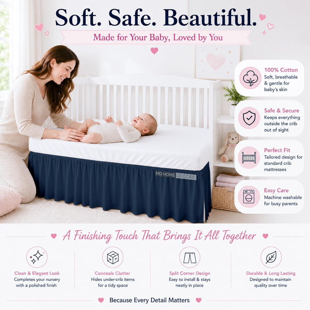 Cotton Crib Bed Skirt Dust Ruffle with Split Corners, 14" Drop, Navy Blue