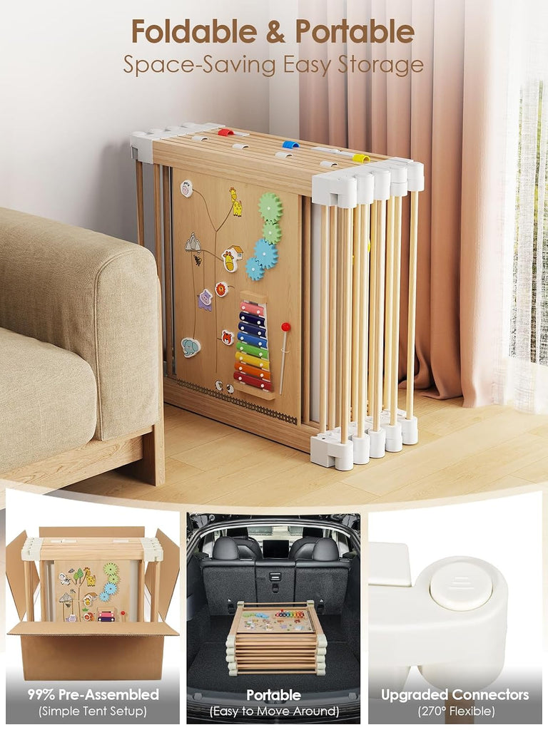 Large Wooden Baby Playpen with Locking Gate for Babies and Toddlers | Foldable Play Yard, Extra Large, Unique