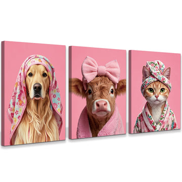 3 Piece Pink Bow Highland Cow Bathroom Wall Art, Cute Japan Cat Art Decor