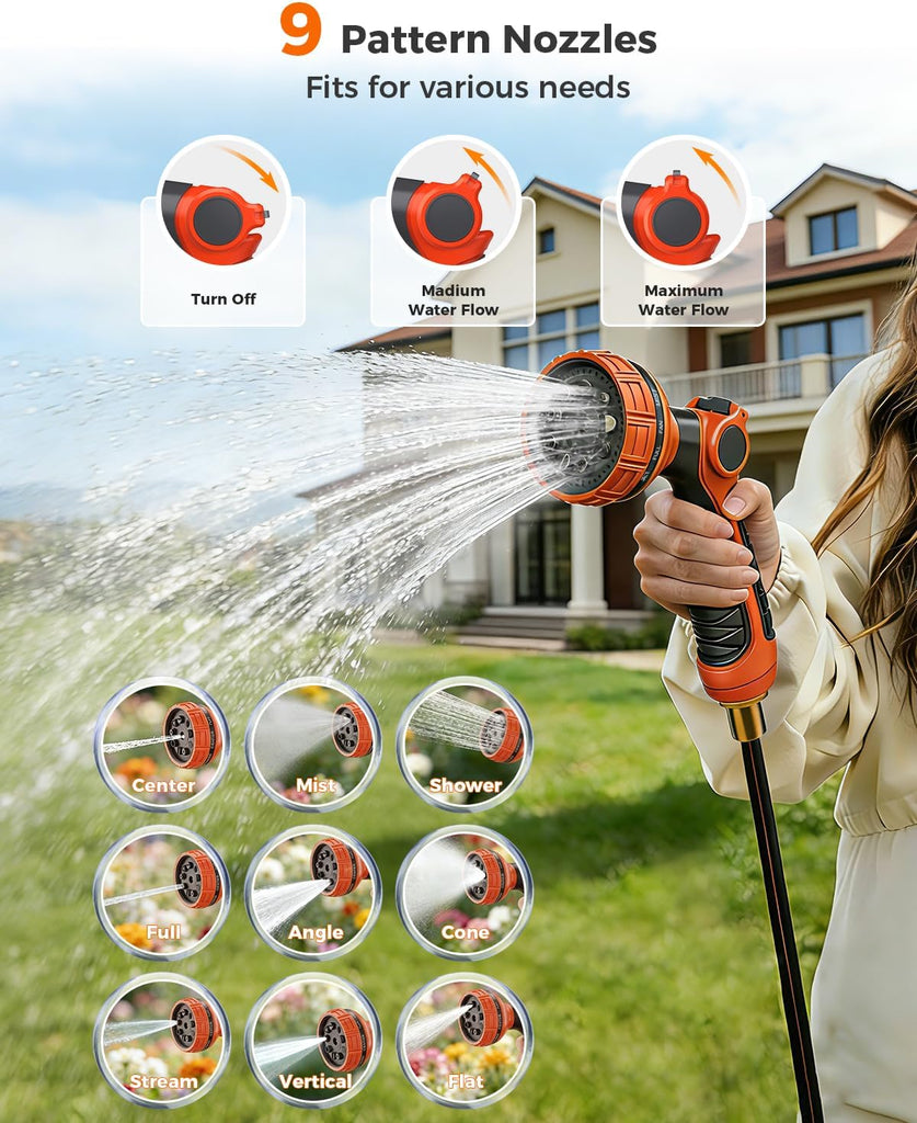 1/2 Inch 100FT Retractable Garden Hose Reel Wall-Mounted 180° Swivel 9-Patern Nozzle Automatic Slow Return Any Length