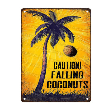 Coconuts Vintage Sign Caution! Falling Coconuts Metal Tin Sign for Lounge Welcome Pool Hot Tub Happy Hour Island