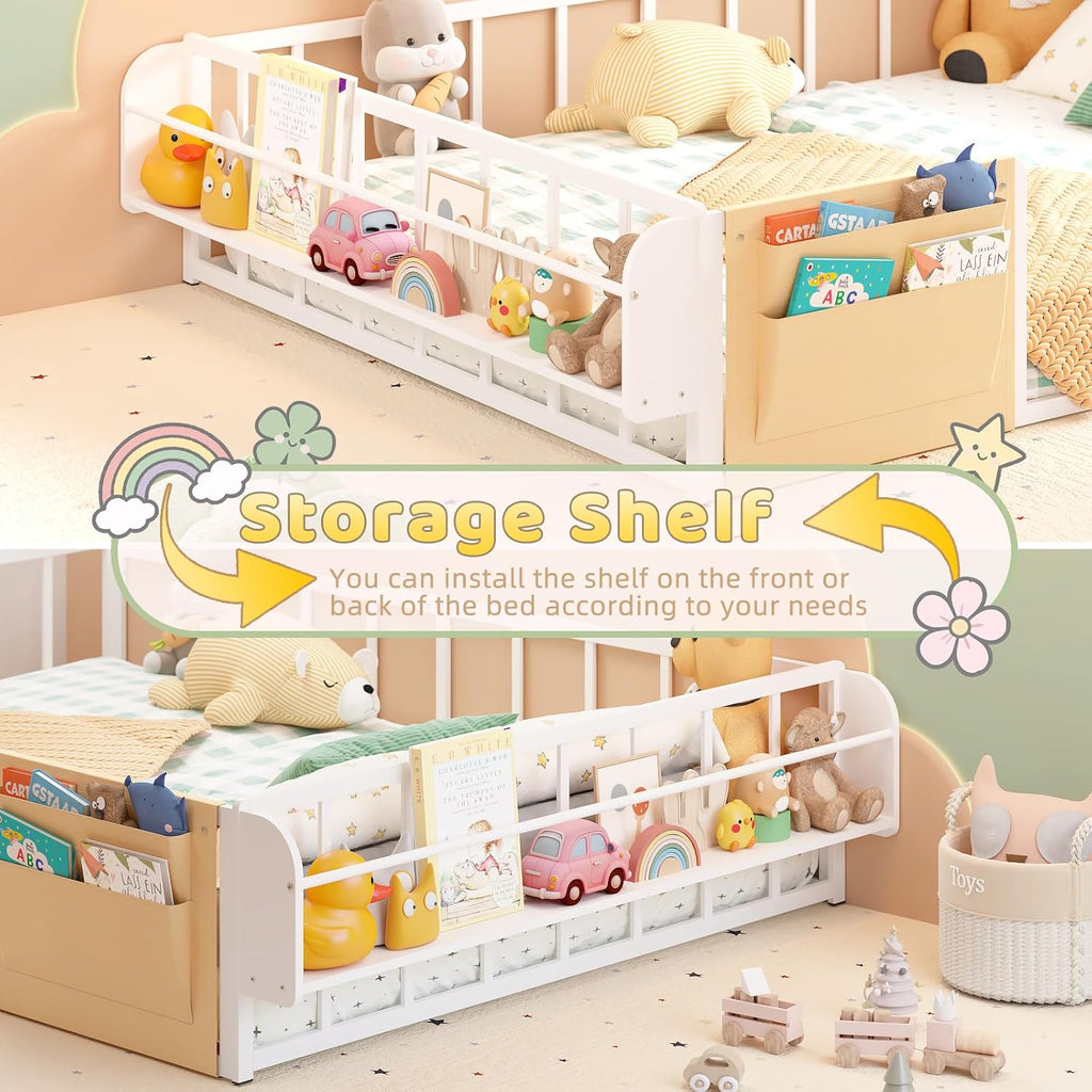 Floor Bed for Kids with Safety Guardrails, Montessori Bed White