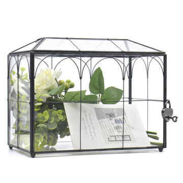 Large Black Glass Card Box with Lock and Slot - Wedding Envelope Card Holder for Reception - Clear Lock Box with Key