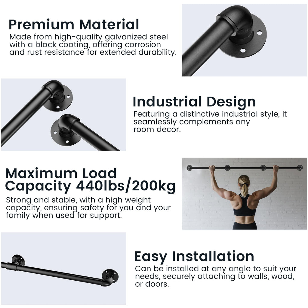 Industrial Pipe Stair Handrail, Wall-Mounted Metal Hand Rail for Indoor & Outdoor Steps, Black Galvanized Iron