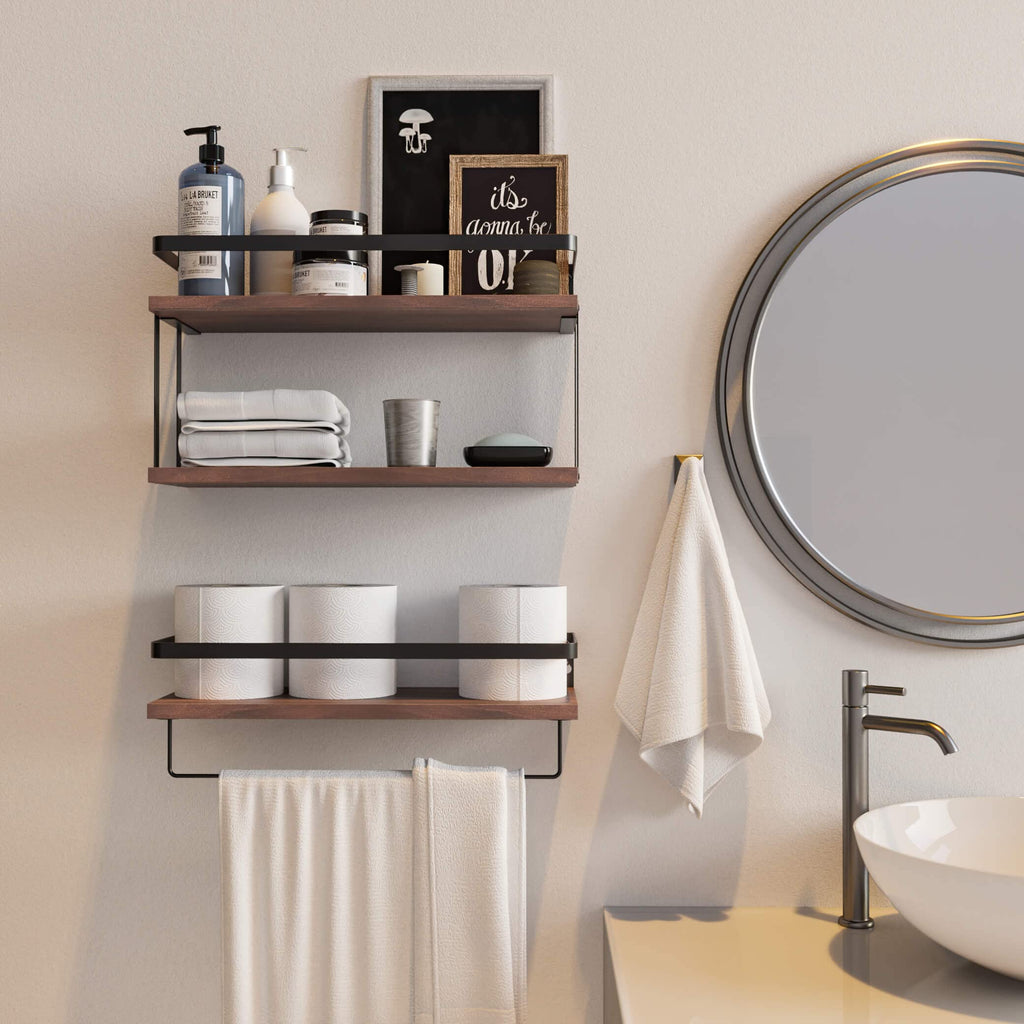 2+1 Tier Wall Mounted Floating Shelves Set of 2, Rustic Wood Shelf with Metal Frame, Extra Storage Rack with Tissue