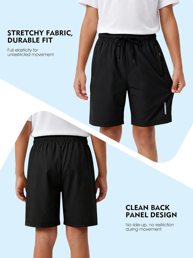 3 Pack Boys Athletic Running Shorts with Zipper Pockets Quick Dry Lightweight Hiking Cargo Shorts for Gym Outdoors