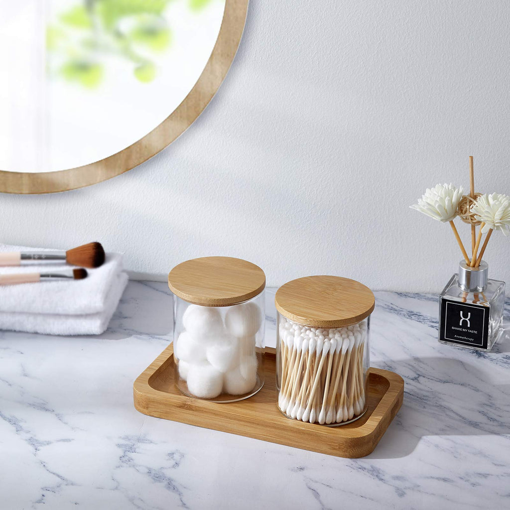 Glass Qtip Holder with Vanity Tray, Apothecary Jars Bathroom Accessories Bathroom Canisters Organizer Countertop Q