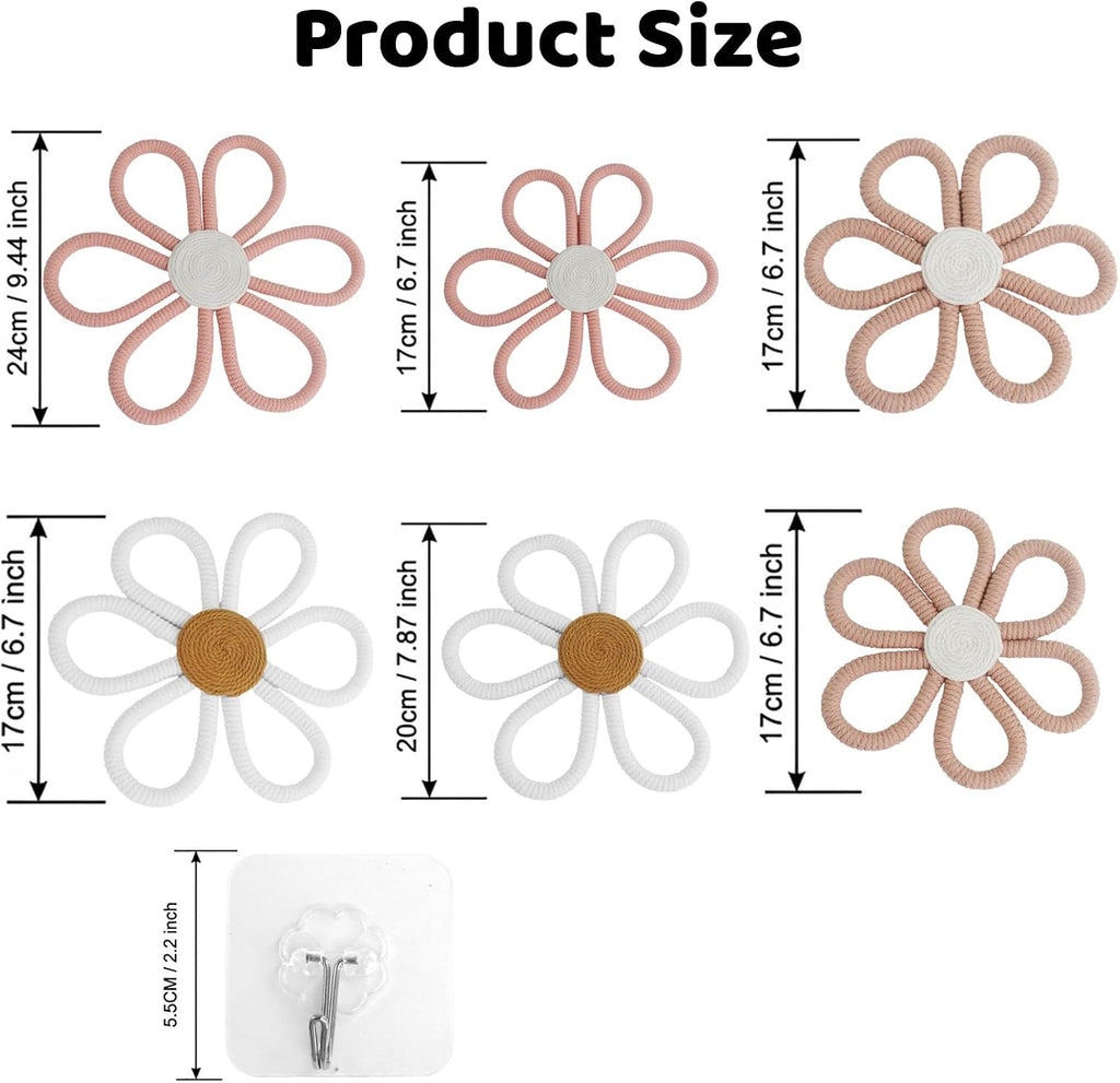 6 Pcs Boho Nursery Decor Daisy with Hooks 3 Size Daisy Flower Wall Decor Bohemian Nursery Decorations Flower Woven