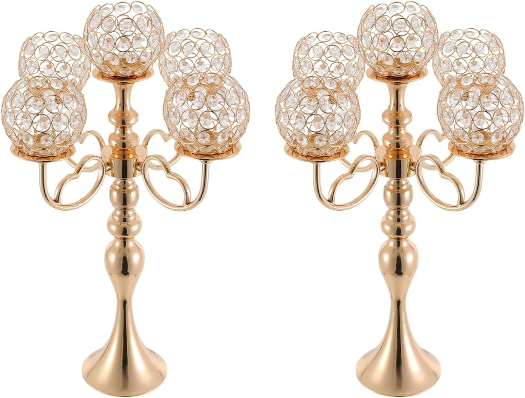 2 Pack Gold Candelabra Centerpiece 5 Arms with Crystal Pendant 21.5 Inch Tall Floor Crystal Chandelier Crystal Beaded
