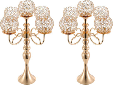 2 Pcs 5 Arms Candelabra Centerpieces with Crystal Pendant, 21.5 inch Tall Crystal Candle Holder Branch Shaped Wax