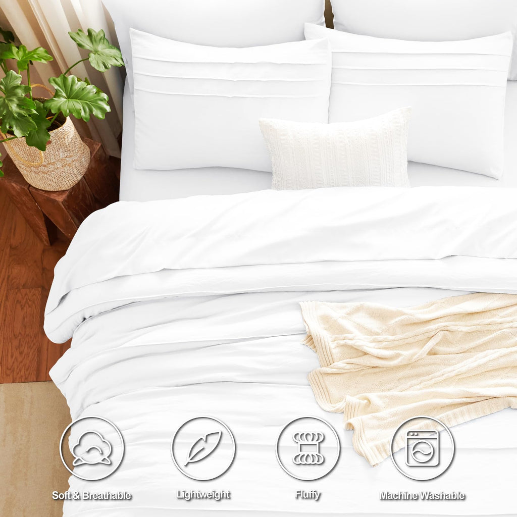King Size Comforter Set White, 7 Pieces Soft Pinch Pleat Bed in a Bag King Comforter Set with Sheets, Boho Bed Set