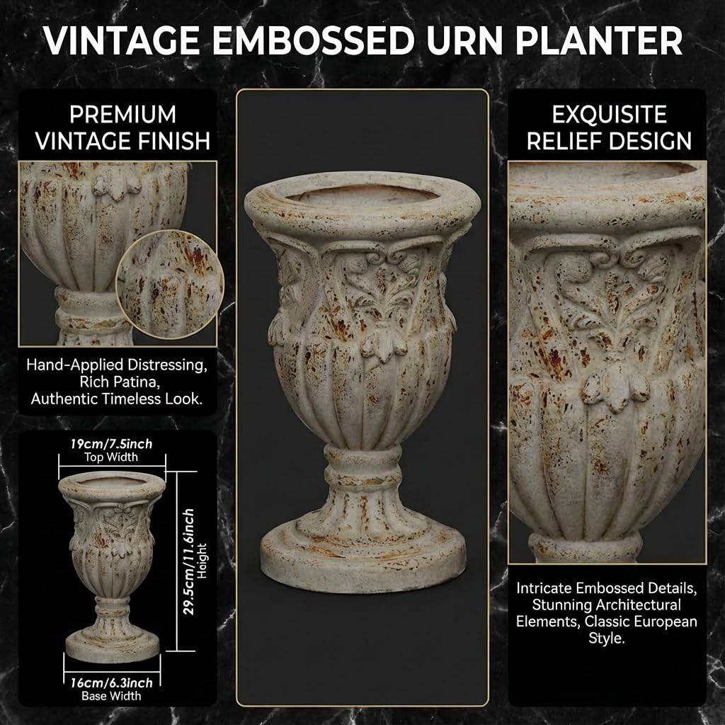 Vintage Urn Planter, 11.6" Tall Magnesium Oxide Pedestal Flower Vase, Lightweight Roman Decorative Planter for Indoor