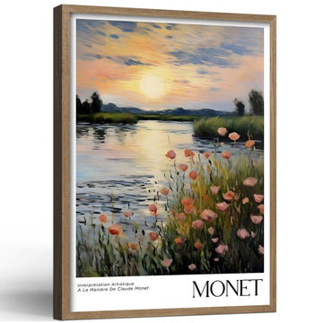 Framed Monet Impressionist Canvas Wall Art Sunset Floral Decor 24X16 Inch