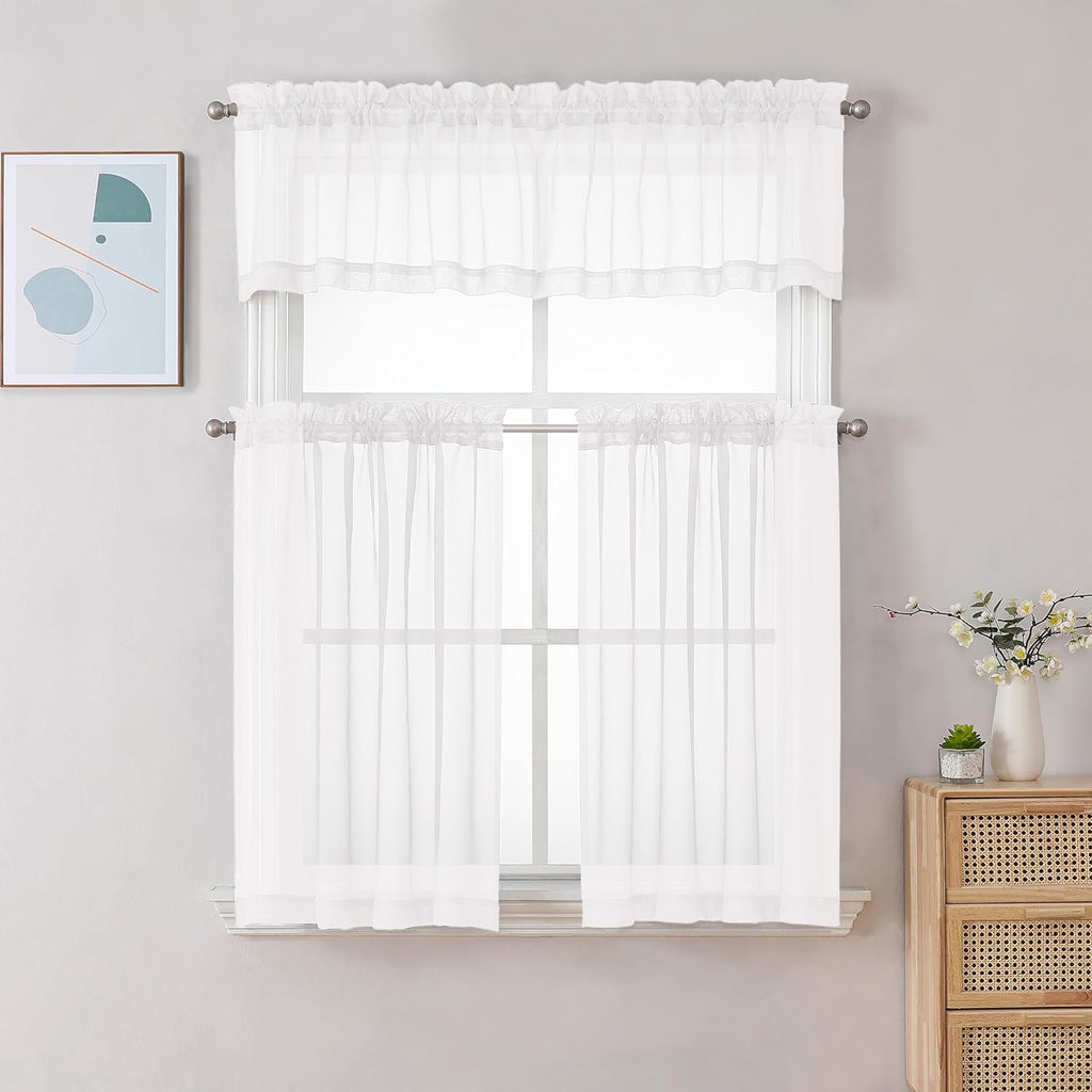 White Sheer Curtains 45 Inch Long 2 Panels, Short Voile Drapes for Dinning Small Windows Bathroom Living Room