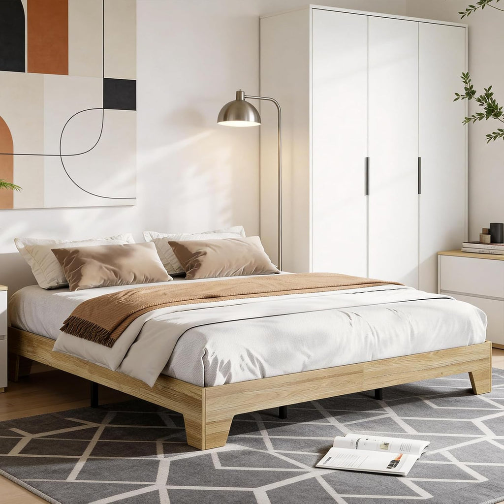 Platform Bed Frame, Minimalist Wood Bed Frame No Headboard Needed, Sturdy Low Profile Bed with Natural Wood