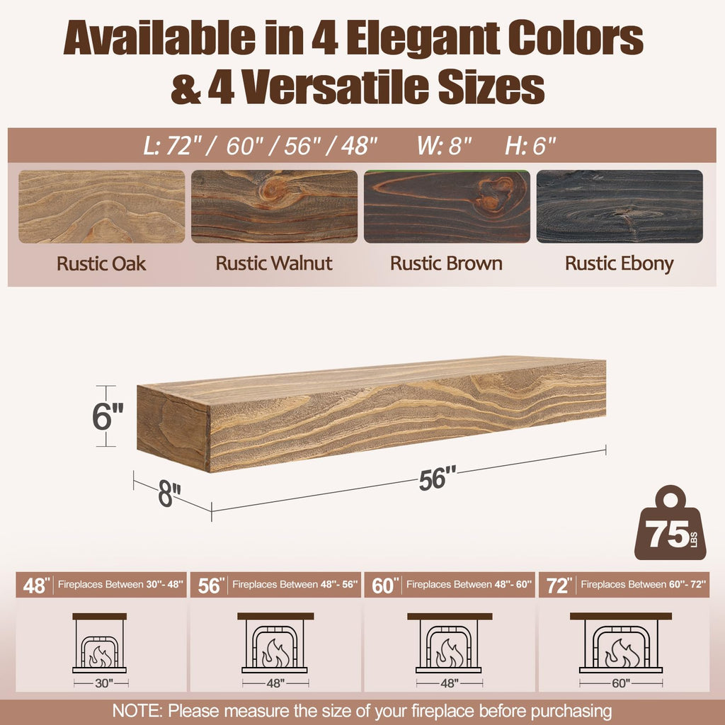 Solid Wood Fireplace Mantel 56", Rustic Mantel Shelf, Rustic Oak