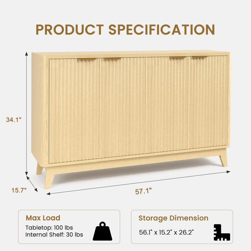 57" Fluted Sideboard Buffet Cabinet with Aesthetic Curved Profile, 4-Door Credenza Storage Cabinet Entryway Console