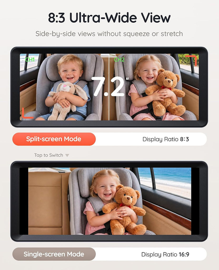 Dual Car Camera Baby Monitor for 2 Kids 7.2'' HD Split Screen