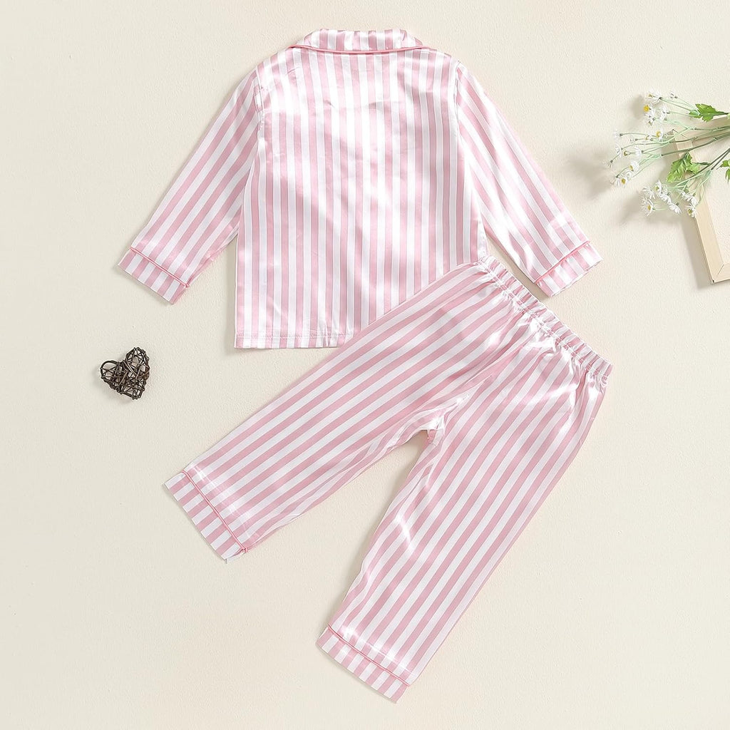 Kids Baby Toddler Girls Satin Silk Pajamas Set Long Sleeve Button Down Shirts Tops Pants Fall Pjs Lounge Sleepwear