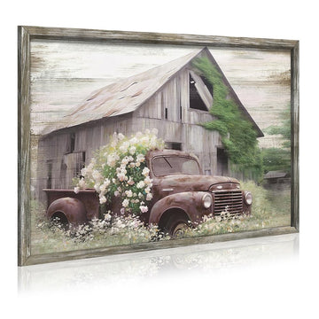 Framed Farmhouse Wood Wall Art: Country Old Truck Artwork Rustic Barn Wooden Painting