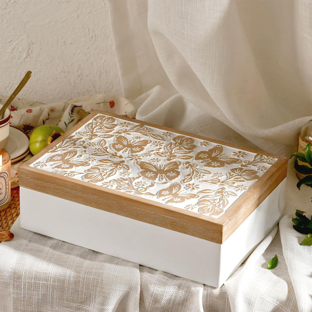 Wooden Keepsake Box - Decorative Wood Boxes with Hinged Lid, Butterfly Engraved Design, 10.24" W