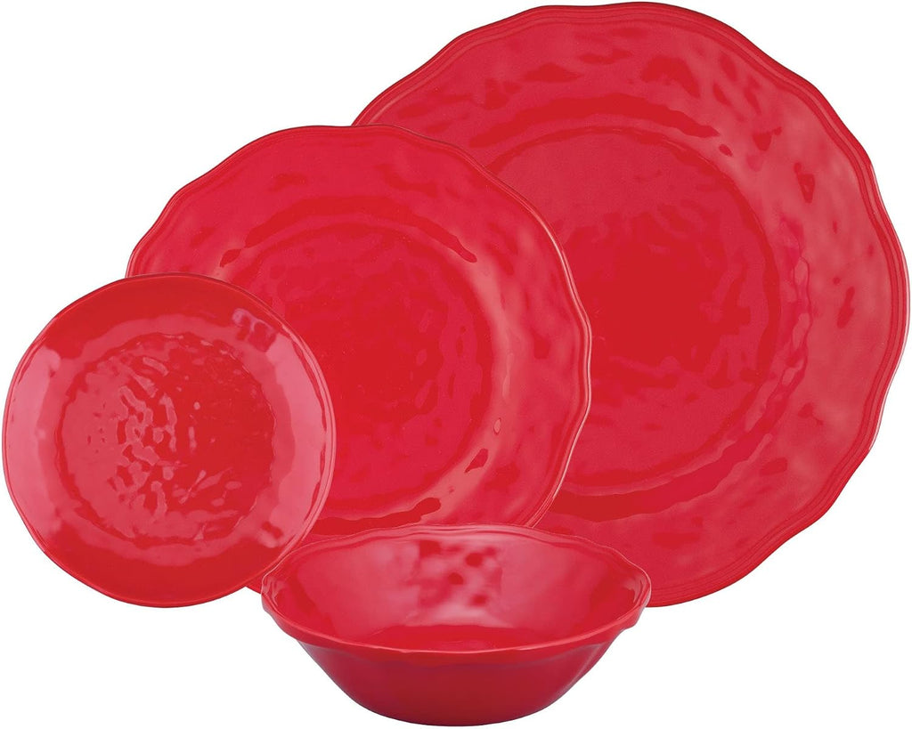16 Piece Holiday Red Melamine Dinnerware Sets, Outdoor Dishes Set, Plates and Bowls Sets, Christmas Decorations