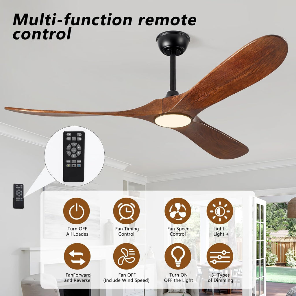60" Ceiling Fan with Light and Remote, 6-Speed Dimmable Outdoor Ceiling Fan, High CFM Quiet 3 Blade Wood Ceiling Fan
