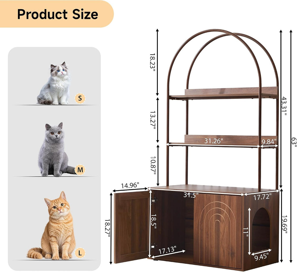 Arched Cat Litter Box Enclosure with 2-Tier Shelves, 63" Tall Hidden Litter Box Furniture with Reversible Entry, Wood