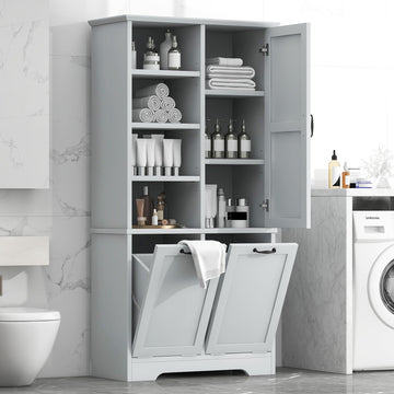 Tall Laundry Cabinet with 2 Tilt Out Laundry Hamper, Wood Bathroom Storage Cabinet with Doors and Adjustable Shelves