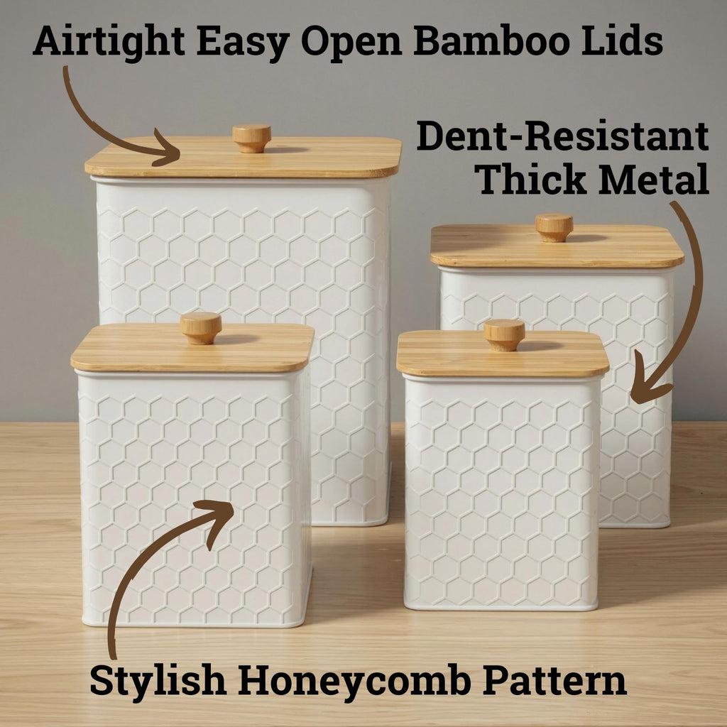 Kitchen Canisters for Countertop Set of 4 w/Airtight Easy Open Bamboo Lids