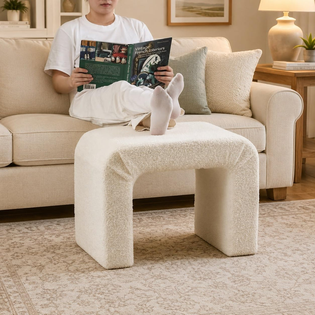 Modern Boucle Ottoman Footstool, 24" Arched Upholstered Vanity Stools for Makeup Room, Small Foot Rest (Fully