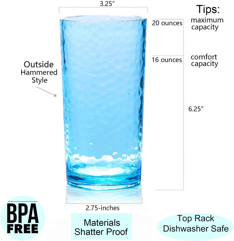 20-ounce Acrylic Glasses Plastic Tumbler, set of 6 Multicolor - Hammered Style, Dishwasher Safe, BPA Free