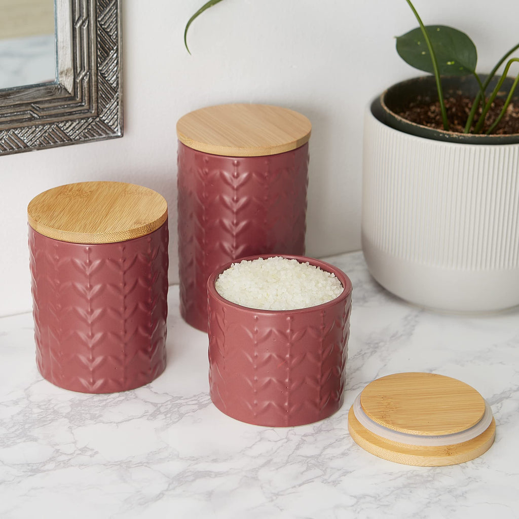 Kitchen Accessories Collection, Textured Matte Ceramic Canister Set, Barn Red, Vine, 3 Piece