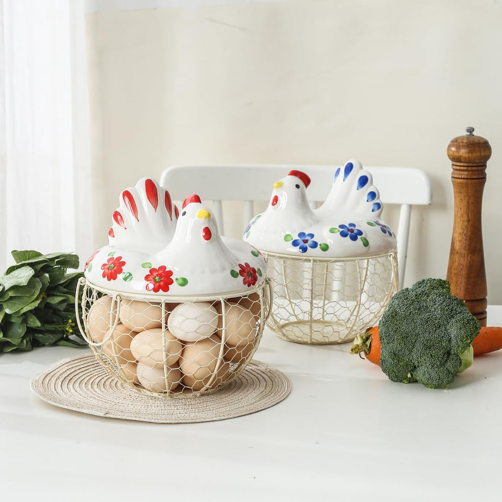 Decorative Egg Basket for Counter, Ceramic Chicken Lid with Wire Basket, Holds 20-25 Eggs