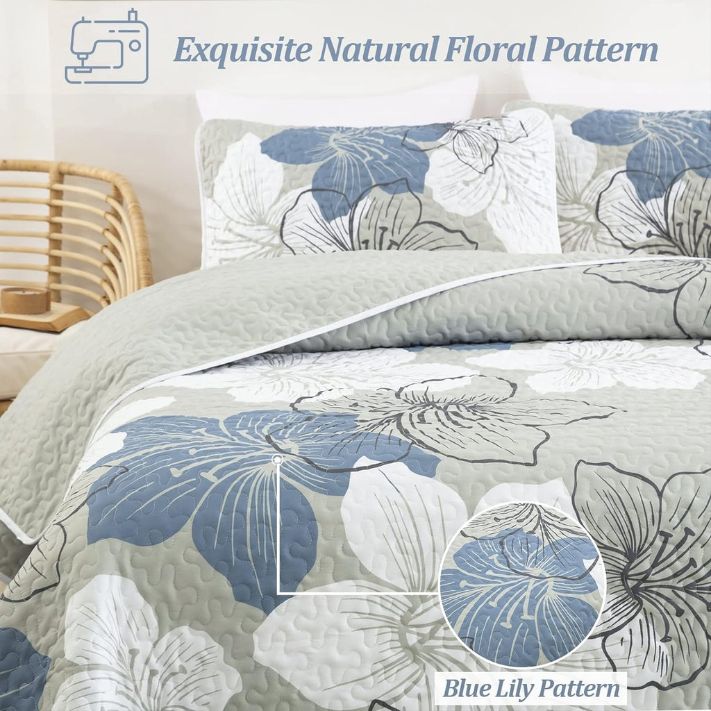 3 Pieces Quilt Set Queen Floral Pattern Coverlet Elegant Boho Bedspread with 2 Pillow Shams Lightweight Microfiber